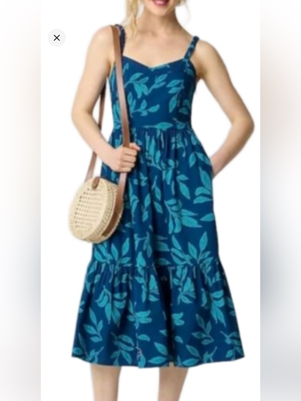 J. Crew Factory Teal Leaf Print Poplin Corset Smocked Back Midi Dress (Size 0)
